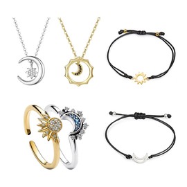 TOFBS Sun And Moon Jewellery Sets Adjustable Celestial Sparkling Ring And Necklace Bracelets Set Silver Gold Plate Matching Ring Valentine's Day Jewellery Gift Set for Women Girls SETA