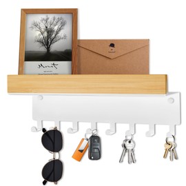 TINIFO Wooden Key Rack with Shelf - Key Holder Wall White Modern Key Rack with 8 Hooks for Hallway Kitchen Entrance Area