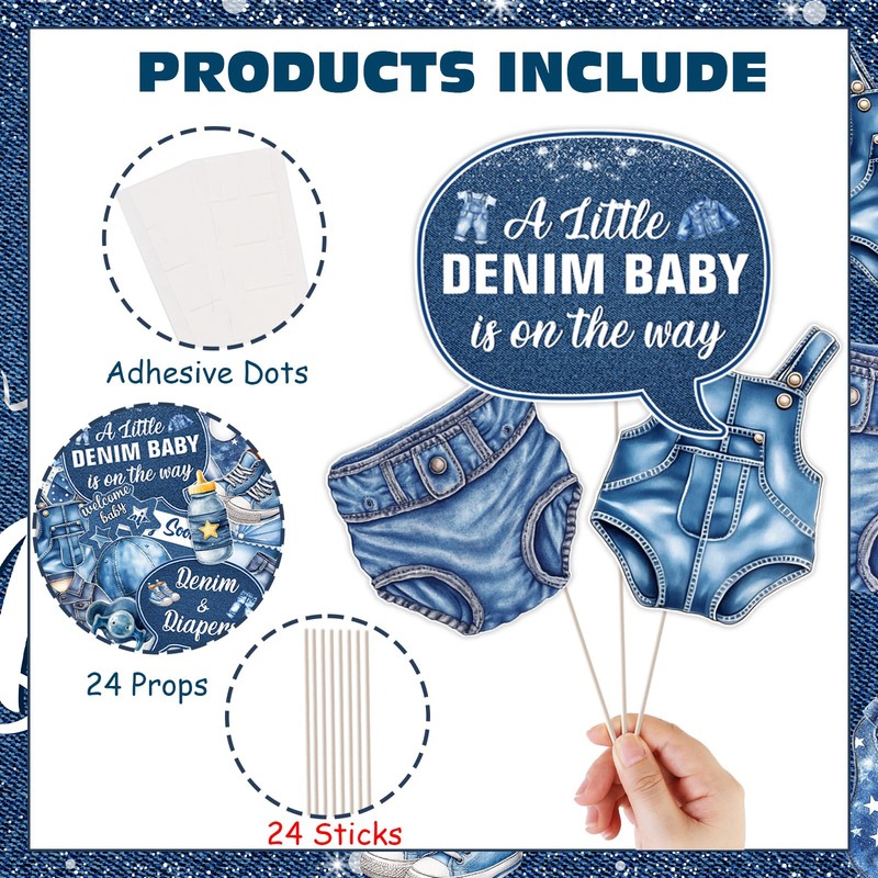 Jollyboom Denim Baby Shower Decorations, 24cps Blue Jean Photo Booth