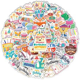 50 Pcs Birthday Stickers for Kids Vinyl Cute Happy Birthday Stickers for Water Bottles Waterproof Cartoon Happy Birthday Party Stickers for Cards Laptop Journaling Scrapbooking
