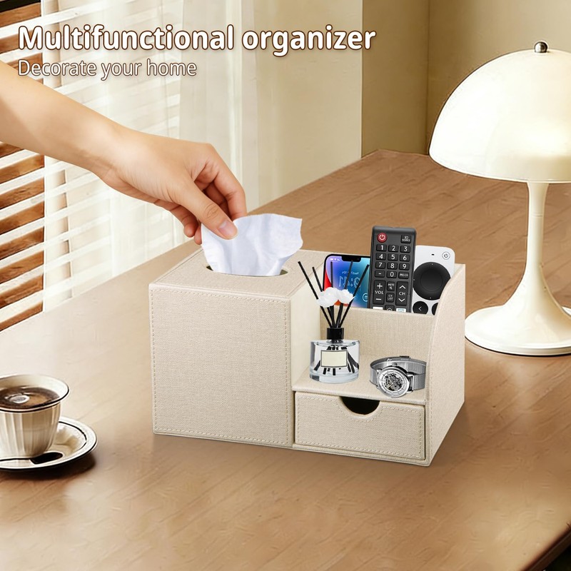 Nightstand Organizer with Tissue Holder,PU Leather Square Tissue Box Cover,Modern