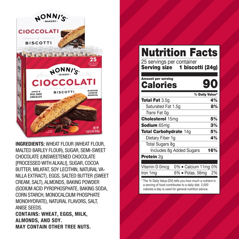 Nonni's Cioccolati Dark Chocolate Almond Biscotti Cookies – Individually Wrapped