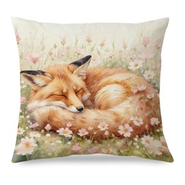 Watercolor Fox Throw Pillow Covers 18x18, Fox Gifts for Girls, Cottagecore Wildflower Pillow Cover Decorative for Couch Sofa Bedroom, Woodland Animal Decor