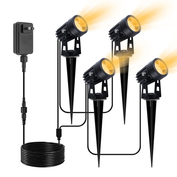VOLISUN 4 Packs Low Voltage Landscape Spotlights with Transformer,Outdoor Uplights 98.4ft Cable IP65 Waterproof 12V Low Voltage with Stakes Warm White (Metal Material)Outdoor Lighting for House,,Flags