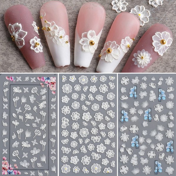 Flower Nail Art Sticker Decals 5D Hollow Exquisite Pattern Nail Art Supplies Self-Adhesive Luxurious Nail Art Decoration White Feather Lace Flower Leaf Carving Design DIY Acrylic Nail Art, 3 Sheet