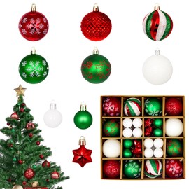 44pcs Golden Shatterproof Round Christmas Tree Ball Ornaments - Classic Hanging Decorations with Assorted Pendants for 2024 Christmas Tree, Home, Party Decorations (red&green&white)