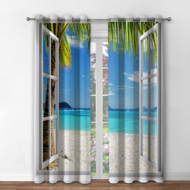 Jekeno Ocean Beach Palm Trees Blackout Curtains Summer Tropical Island Decor Seaside White Wooden Window View Print Grommet Window Drapes for Bedroom Living Room 2 Panel Set, 42"x84"