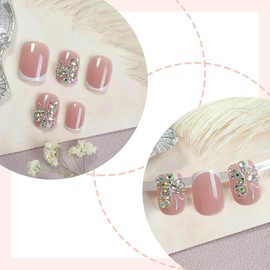 Short Press on Nails Square Fake Nails French Tip False Nails with Rhinestones Butterfly Designs Artificial Nails Pink Glossy Stick on Nails Cute Full Cover Glue on Nails for Women 24Pcs
