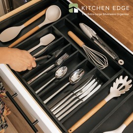 KitchenEdge Premium Silverware, Flatware and Utensil Organizer for Kitchen Drawers, Expandable 19 to 33 Inches Wide, 11 Compartments, Food-Safe Black Finish 100% Sustainable Bamboo Wood