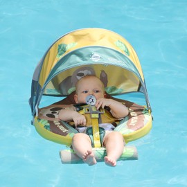 Mambobaby Baby Float for 3-24 Months - No Inflation Needed Infant Swim Ring with Canopy & Tail Float, Sloth Hug Design Pool Floater for Toddler