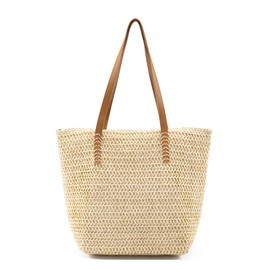 Faletony Straw Beach Bag Braided Bag Straw Bag Large Shoulder Bag Summer Shopper Handbag Shopping Bag Basket Bag for Beach Travel Shopping, Style 2-Beige