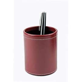 DELMON VARONE - Pen Holder Made of Cambridge Top Grain Leather, Red, Genuine Leather Pen Cup with PU Inner Lining and Non-Slip Fleece Base, Elegant Pen Holder Round for Desk and Office