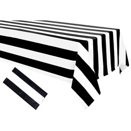 1Pcs Black and White Striped Tablecloth Plastic Waterproof Stripe Table Cover 54" x 108"Geometric Striped Table Covers for Dining/Camping/Picnic Black and White Birthday Party Supplies Decorations