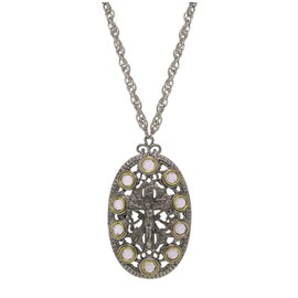 1928 Jewelry Company Symbols Of Faith Pewter Purple Austrian Crystal Rosary Crucifix Cross Oval Pendant Necklace 28"