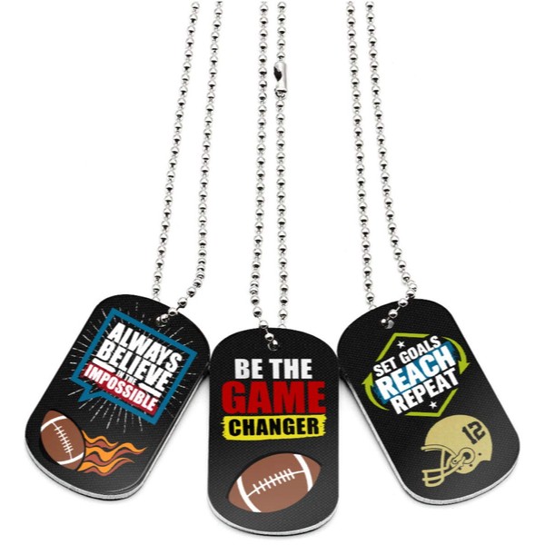 (12-pack) Football Dog Tag Necklaces with Motivational Quotes - Wholesale Bulk Football Giveaway Gifts for Football Party Favors and Goodie Bag Items - Unisex for Youth Teen Boys Girls Adult Men Women