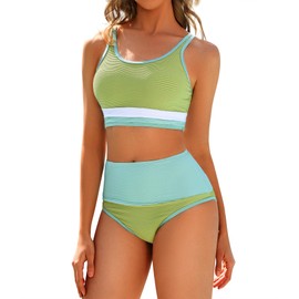 Women High Waist Bikini Set Color Block Crop Top Two Piece Swimsuits Sporty Scoop Neck Bathing Suits Geen XXL