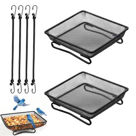 2 Pcs Deck Railing Bird Feeder Tray for Balcony 7 x 7 x 2 Inch Compact Platform Bird Seed Tray with 4 Fixed Elastic Rope for Bird Feeders, Great Garden Yard Dec for Wild Birds Squirrels Dove