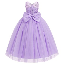 IDOPIP Flower Girl Lace Dress for Kids Wedding Bridesmaid Pageant Party Formal Long Maxi Gown Big Little Princess First Communion Birthday Prom Ball Bowknot Puffy Tulle Dresses Purple 11-12 Years