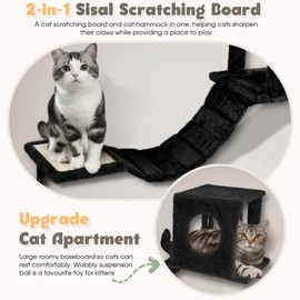 NUNU LAB Wall Mounted Cat Furniture Set - 7 Pcs Climber Set with House, Tunnel, Bridge, Steps, Hammock, Wooden Climbing Wall with Scratching Post - DIY Walls Playground, Indoor Cat Shelves - Black