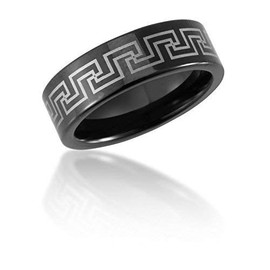 Black Tungsten Ring with Greek Key Pattern