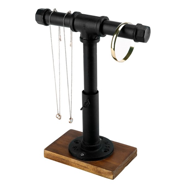 MyGift Industrial Pipe Black Metal T-Bar Jewelry Bracelet & Necklace Adjustable Height Display Stand with Brown Wood Base