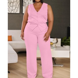 Plus Size Pants Suits for Women Dressy 2 Piece Business Casual Outfits Sleeveless Blazer Wide Leg Pants Pantsuit Sets Pink 4X