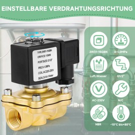 Brass Solenoid Valve G1/2 Inch 230 V AC 0-10 Bar Electromagnetic Valve Brass Electric Solenoid Valve DN15 Water Inlet Water Distribution Valves