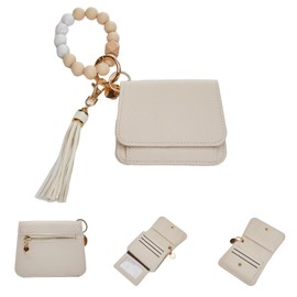 Keychain Wallet RFID for Women Key Chain Wristlet Bracelet With Wallet Silicone Stretchy Wrist Strap With Id Window Purse (Off white)