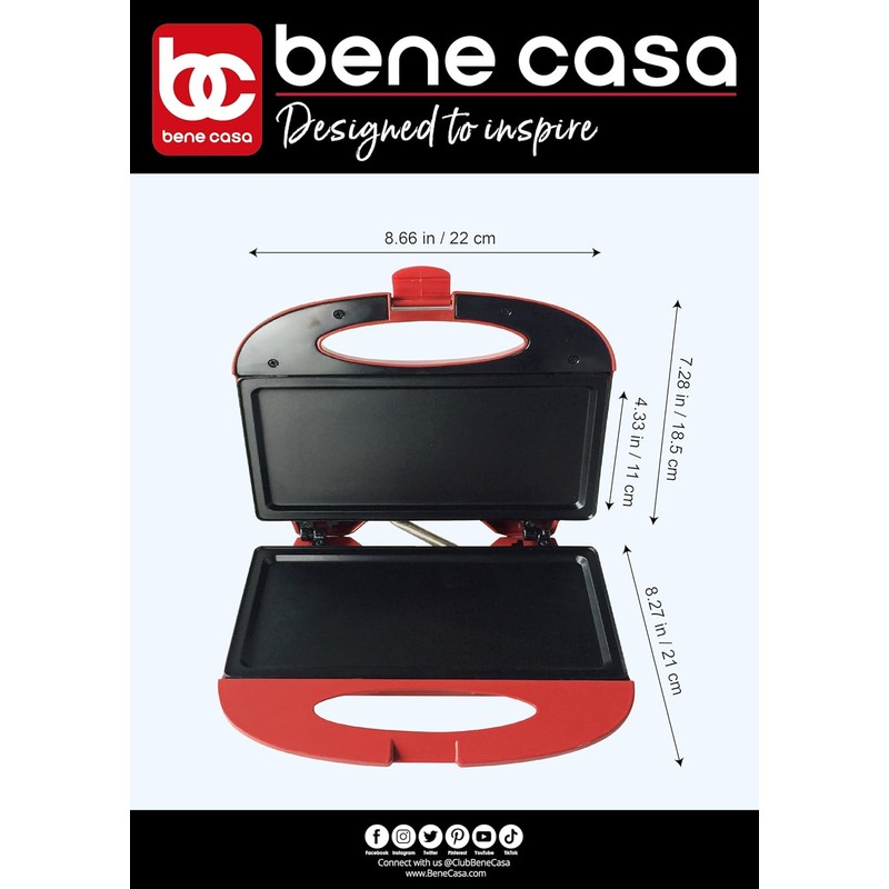 Bene Casa - Red Nonstick Flat Grill Sandwich Maker -