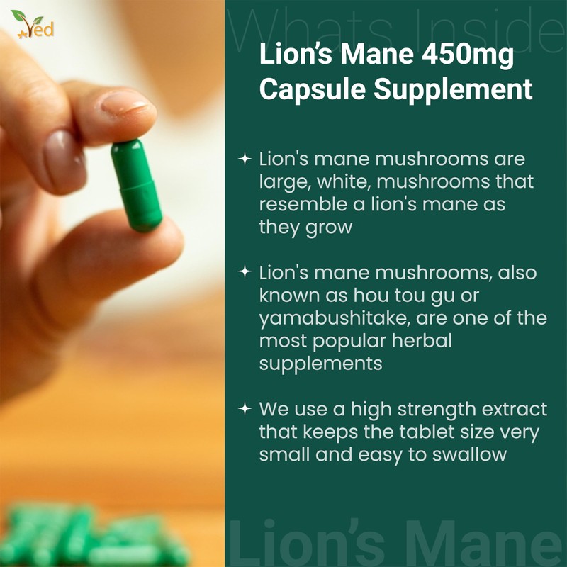Ved Lion’s Mane Supplement 450mg, Lion's Mane Mushroom 15:1 Extract