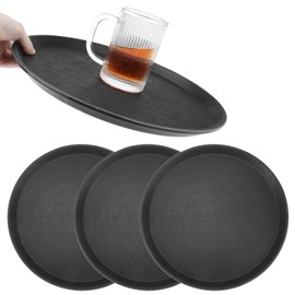 QWORK Restaurant Grade 14-Inch Round Non-Slip Tray, 4 Pack, Black Plastic with Rubber Liner