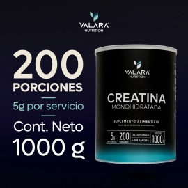 Valara Creatina Monohidratada 1 Kg Maxima Pureza 200 Porciones - Suplemento Deportivo En Polvo Sin Azcar Sin Sabor Con Scoop Dosificador              