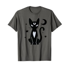 Gothic Witchy Black Cat with Moon Mystical Stars Night Art T-Shirt