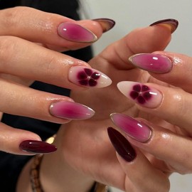 Wine Red Press on Nails Medium with Pink Flowers Designs Almond Fake Nails Ombre False Nails Full Cover Nude Acrylic Nail Art Tips Artificial French Nails for Women Manicure 24 Pcs