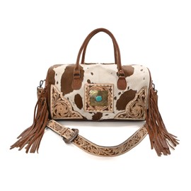 Merbaa Weekender Duffle Bag For Women Large Travel Tote Bag, Cowhide Tooled Harness with Tassel Leather Duffle Bag