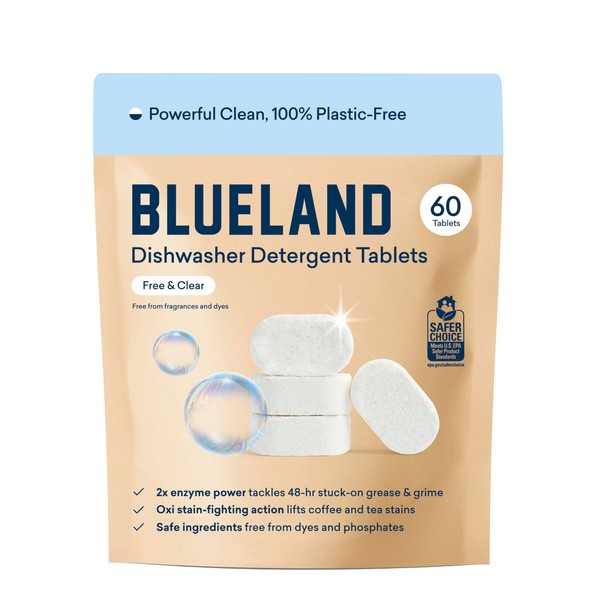 BLUELAND 100% Plastic-Free Dishwasher Detergent Tablets, 60 Count, Free &