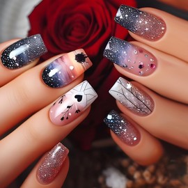24 Pcs Starry Sky Press on Nails Medium Square False Nails Dreamy Stars Fake Nails False Nails with Stars Heart Designs Full Cover Glossy Glue on Nails Acrylic Nails Stick on Nails for Women Girls