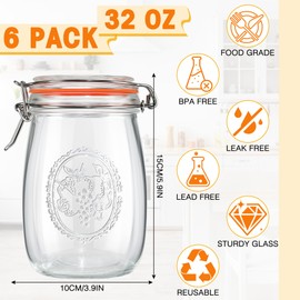 Buzieio 32 Oz Wide Mouth Mason Jars with Airtight Lid, 6 Pack Glass Canning Jars, Large Clear Canister Quart Jars for Kitchen Storage- for Salad, Jam, Coffee, Sugar, Beans (6 Pack 32OZ)