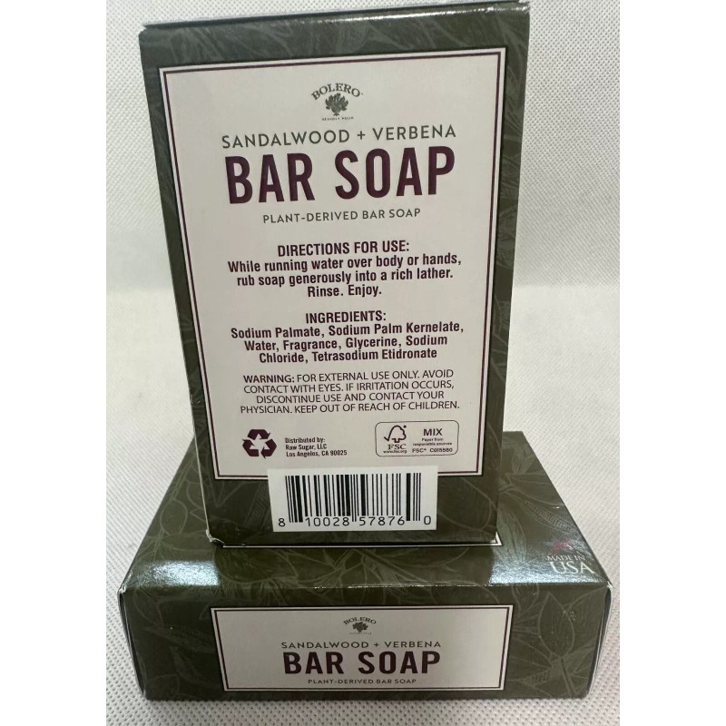 Bolero Sandalwood +Verbena Bar Soaps (2) Plant Derived Made in