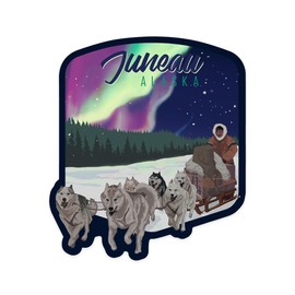 Die Cut Sticker Juneau, Alaska, Northern Lights, Dog Sled, Contour Vinyl Sticker 1 to 3 inches (Waterproof Decal for Cars, Water Bottles, Laptops, Coolers), Small