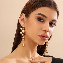 Pearl Tassel Chain Statement Earrings for Women Boho Long Pearl Ball Drop Earrings Vintage Gold Silver Beaded Dangle Earrings Dainty Wedding Jewelry Gifts (Gold)