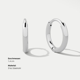 Jean & Len Evi Nickel, Lead and Cadmium Free, 316L Stainless Steel, Simple and Small Everyday Hoop Earrings, Diameter: 1.4 cm, Waterproof Earrings Silver, Stainless Steel, No gemstone.