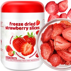 Freeze-Dried Strawberry Slices 5.6oz Jar - 100% Natural Crispy Strawberry Fruit Snack, Vegan, Non-GMO, Dried Berry for Baking, Smoothies, Yogurt & Oatmeal Topping (160g)