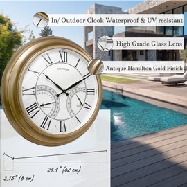 FOUNTAIN DESIGNS 24 Inch in/Outdoor Wall Clock with Temperature and Humidity Combo, Large Outdoor Clock for Patio Large Waterproof with Thermometer,Antique Hamilton Gold Metal