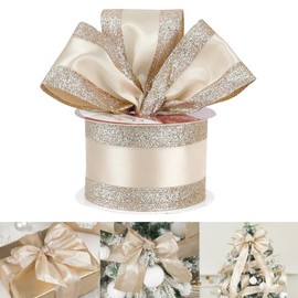 HUIHUANG Champagne Gold Wired Satin Ribbon with Glitter Stripe Edges 2.5 inch, Champagne Christmas Ribbon for Tree, Bows Making, Wreath Supplies, Gift Wrapping Garland, Home Decor, Crafts -10 Yards