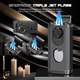 5-in-1 Torch Lighter, with Multi-use Tool, Punch, Draw Enhancer Tool, Holder, Butane Refillable Triple Jet Flame, Multifunctional Accessories, Gifts for Men, Windproof Lighter for Travel, Outdoors