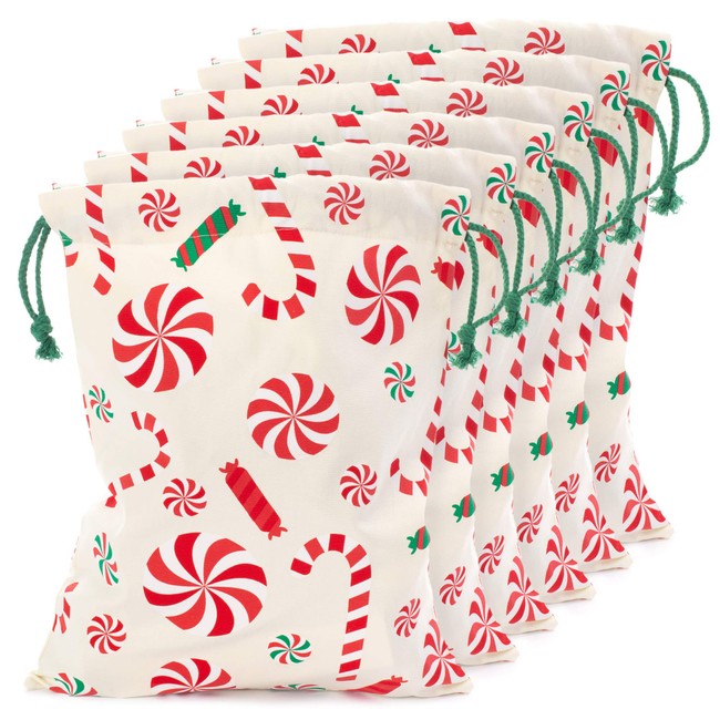 6-Pack Small Reusable Christmas Canvas Gift Bags, Peppermint Candy Design - Deluxe Drawstring Fabric Cloth Present Stocking Sack - 16.5" x 13.5" Holiday Wrapping Alternative