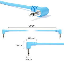 ExcelValley - 5-Pack - Right Angle Mono Modular Patch Cables - 3.5mm 1/8" Eurorack Synthesizer [Blue | 20 cm - 7.87"]