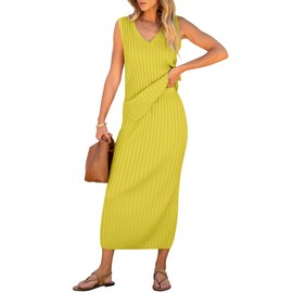 ANRABESS 2 Piece Sweater Skirt Sets for Women Sleeveless V Neck Ribbed Vest Tops Knits Casual Midi Dresses 2025 Summer Outfit X-Large Lemon Yellow
