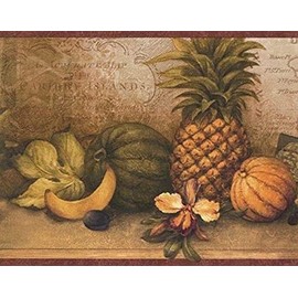 CONCORD WALLCOVERINGS ™ Wallpaper Border Fruits Pattern Pineapples Flowers for Kitchen Cottage Dining Area, Green Brown Beige Yellow, 15 ft by 8 in CW32142B